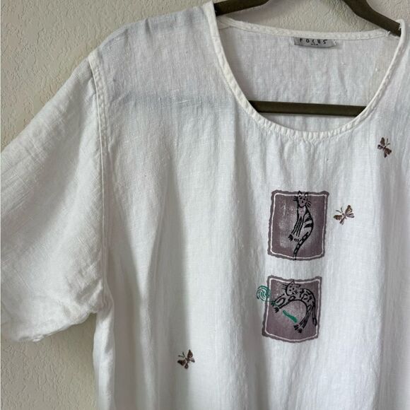 Vintage 80s Focus USA 100% Linen Top Tunic Cat Butterfly Print Sz M* Coastal - Picture 6 of 7